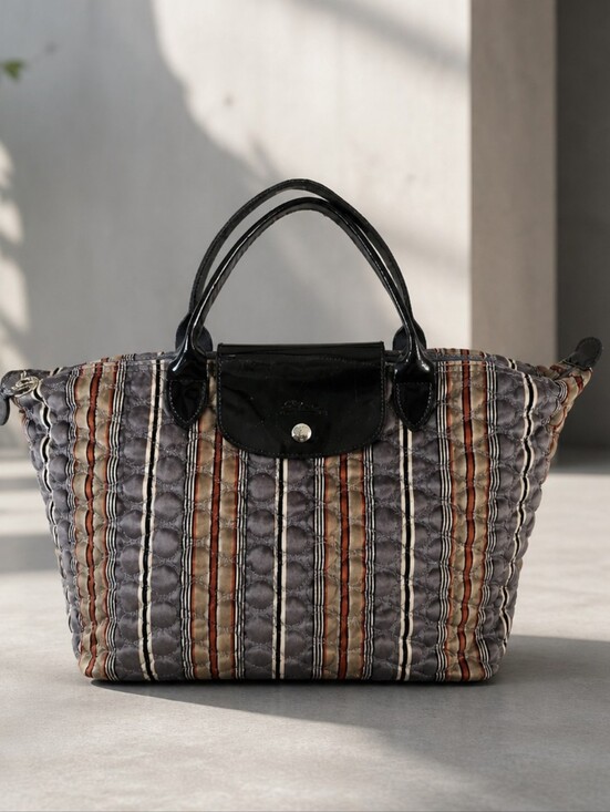 Longchamp Handbags - Longchamp Quilted Striped Tote in Grey, Brown and Black With Charm And Dustbag